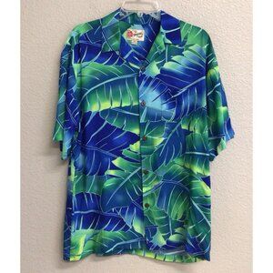 Hilo Hattie Mens Aloha Shirt Size Medium Blue Green Hawaiian Tropical Leaf Print
